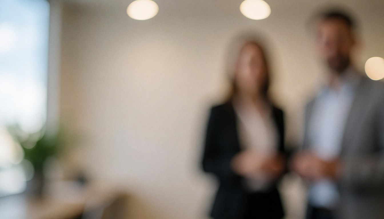 Deux professionnels en réunion dans un bureau moderne aux murs clairs et à l'éclairage doux, créant une ambiance corporative neutre.