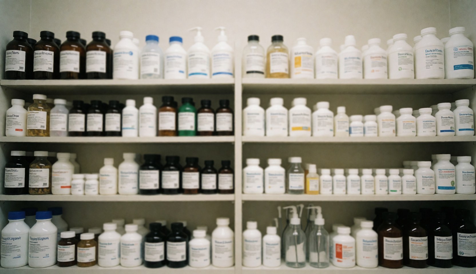 Des étagères blanches avec des bouteilles et des flacons de produits pharmaceutiques dans un laboratoire ou une pharmacie.