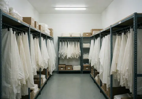 Entrepôt avec des étagères remplies de linge de table blanc suspendu et empilé dans des cartons.