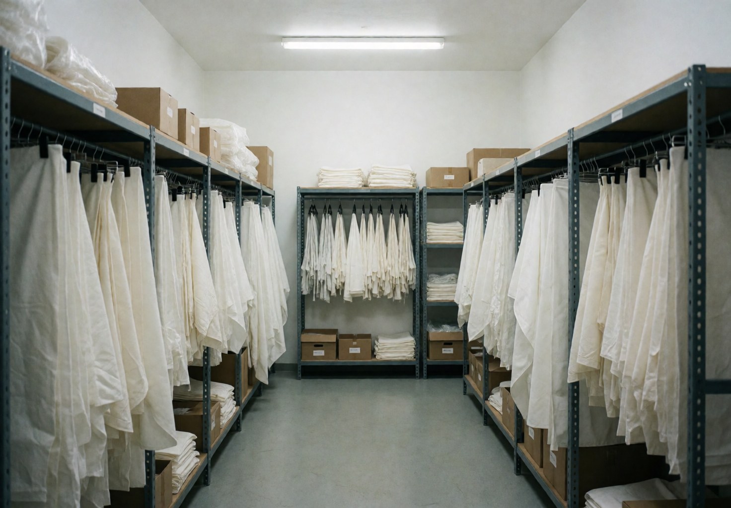 Entrepôt avec des étagères remplies de linge de table blanc suspendu et empilé dans des cartons.