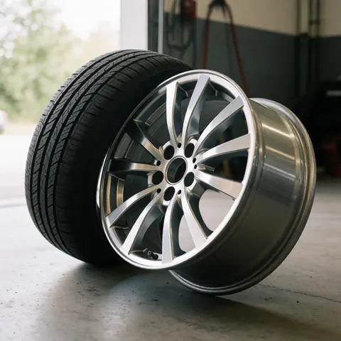 Jante automobile brillante et pneu neuf dans un garage mécanique avec éclairage naturel pour services de réparation et vente de pièces.