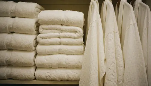 Des serviettes blanches et des peignoirs pliés sont disposés de manière ordonnée à l'intérieur d'un placab, prêts pour une utilisation.