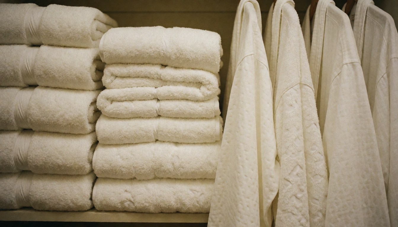 Des serviettes blanches et des peignoirs pliés sont disposés de manière ordonnée à l'intérieur d'un placab, prêts pour une utilisation.