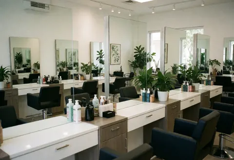 Intérieur d'un salon de beauté contemporain avec postes de travail, miroirs, plantes et chaises noires dans un espace lumineux et soigné.