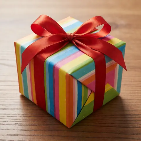 Un coffret cadeau enveloppé de papier coloré et d’un ruban rouge posé sur une table en bois clair, éclairé par une lumière vive.