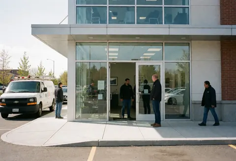 Façade d'un bureau de plomberie moderne avec un van de service stationné devant et des travailleurs à l'entrée, dans un environnement professionnel et propre.