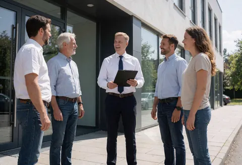 Un consultant en ressources humaines tenant un portefeuille discute avec cinq personnes devant un immeuble de bureaux moderne par temps ensoleillé.