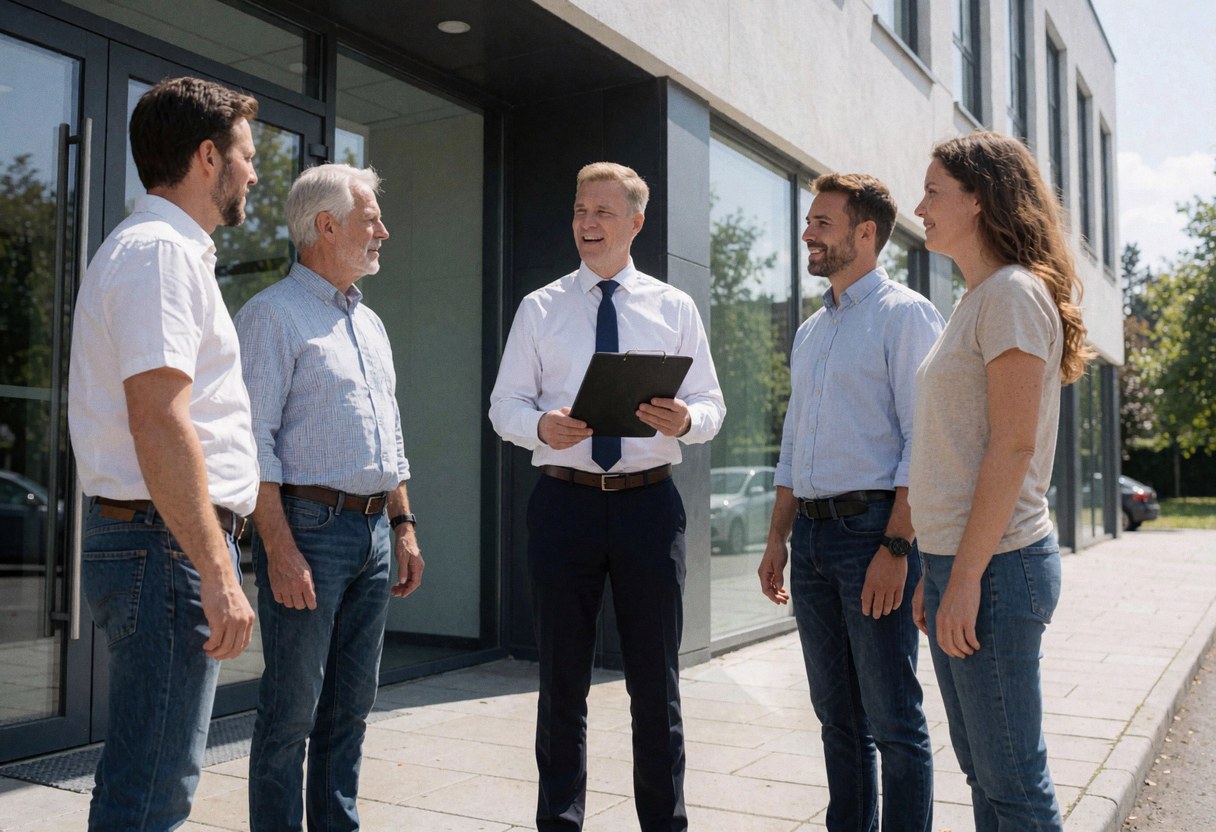 Un consultant en ressources humaines tenant un portefeuille discute avec cinq personnes devant un immeuble de bureaux moderne par temps ensoleillé.