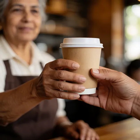 Une femme âgée sert du café dans une tasse à un client dans un café au fond chaud et flou.