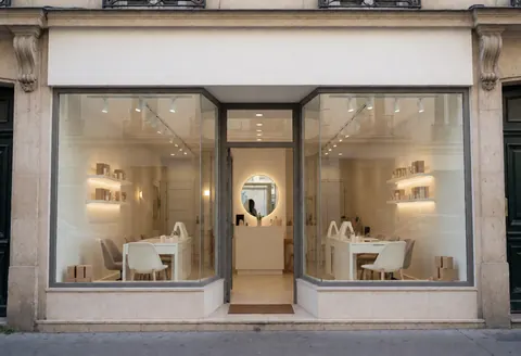 Façade d'un salon de beauté avec de grandes vitrines, éclairage chaleureux et mobilier épuré pour un cadre professionnel.