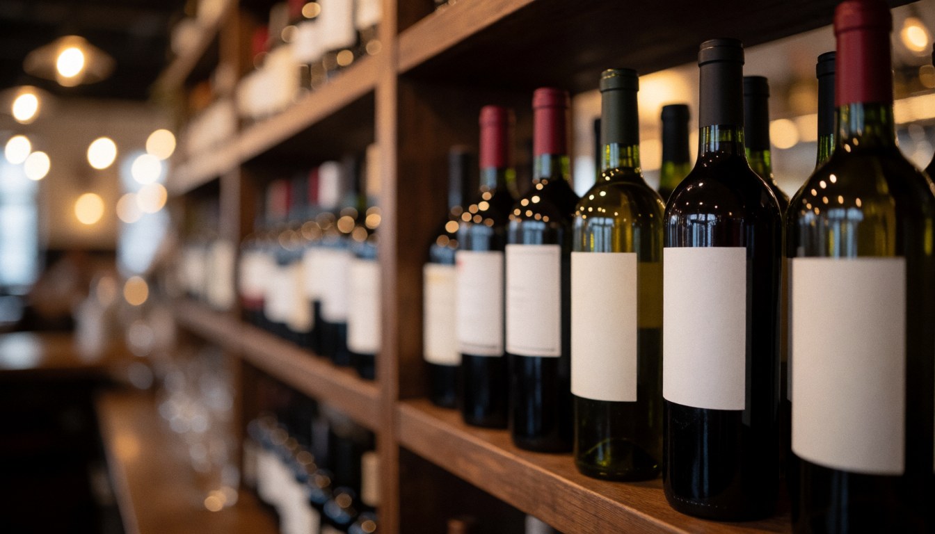 Des bouteilles de vin avec des étiquettes blanches sont disposées sur des étagères en bois dans un bar ou un restaurant.