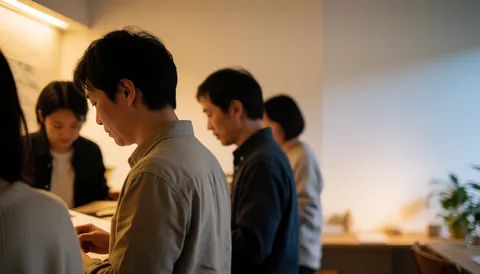 Groupe de professionnels concentrés travaillant à des tables dans un espace de coworking éclairé par une lumière chaude et agrémenté de plantes.