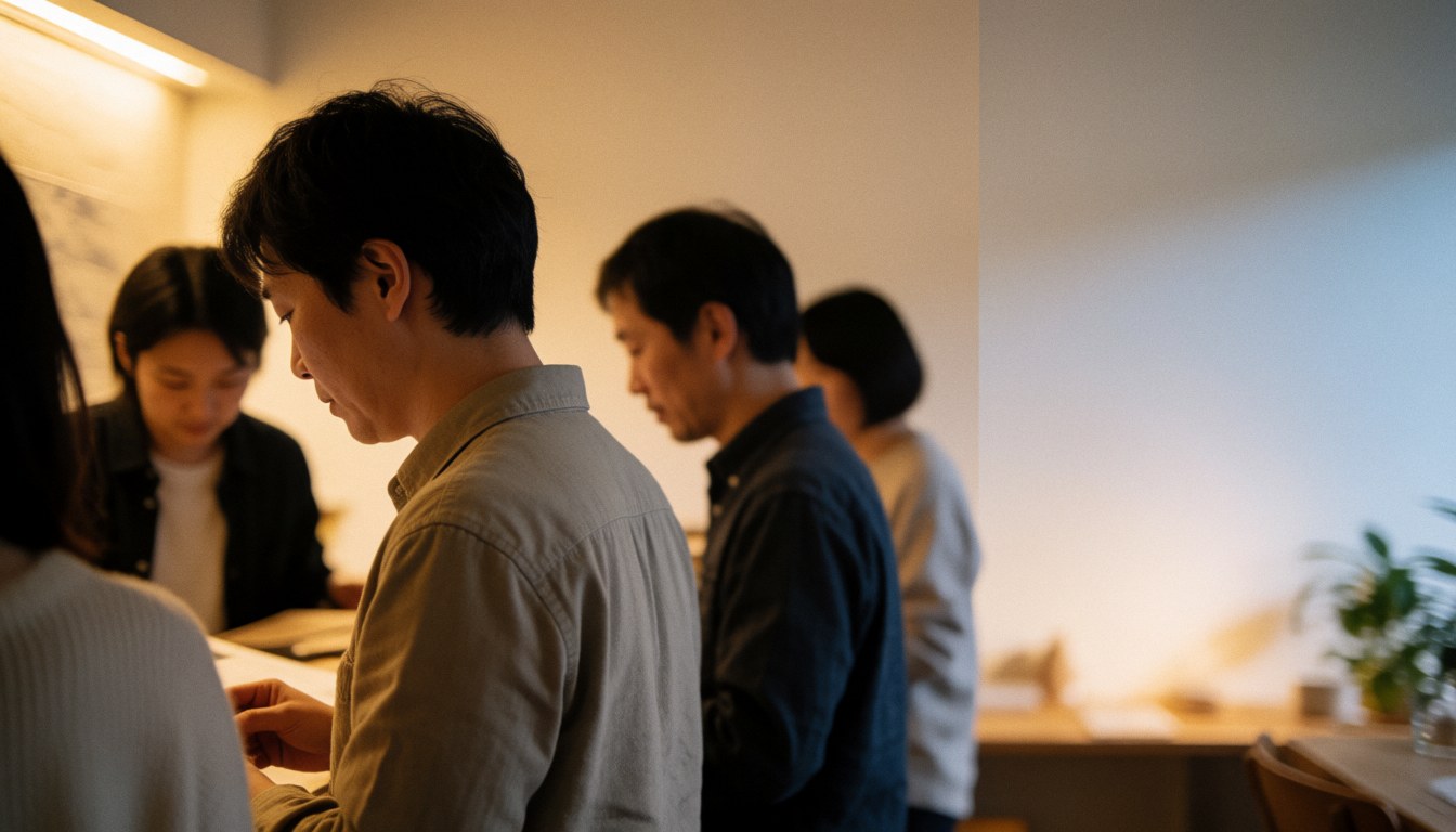 Groupe de professionnels concentrés travaillant à des tables dans un espace de coworking éclairé par une lumière chaude et agrémenté de plantes.