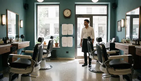 Un barbier se tient debout dans un salon de coiffure moderne équipé de chaises, de miroirs et de produits de soin capillaire.