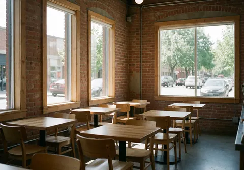 Vue intérieure d'un café présentant des murs en briques, des tables et chaises en bois ainsi que des fenêtres donnant sur la rue.