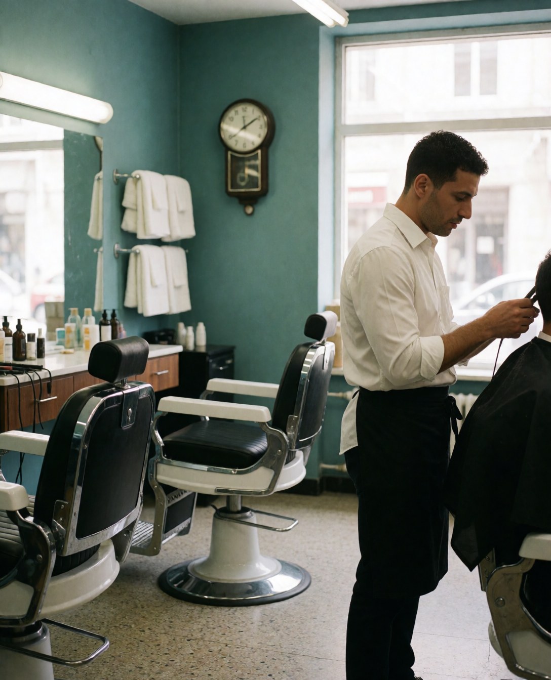 Un barbier en chemise blanche et tablier noir coupe les cheveux d'un client dans un salon avec des chaises et des serviettes blanches.