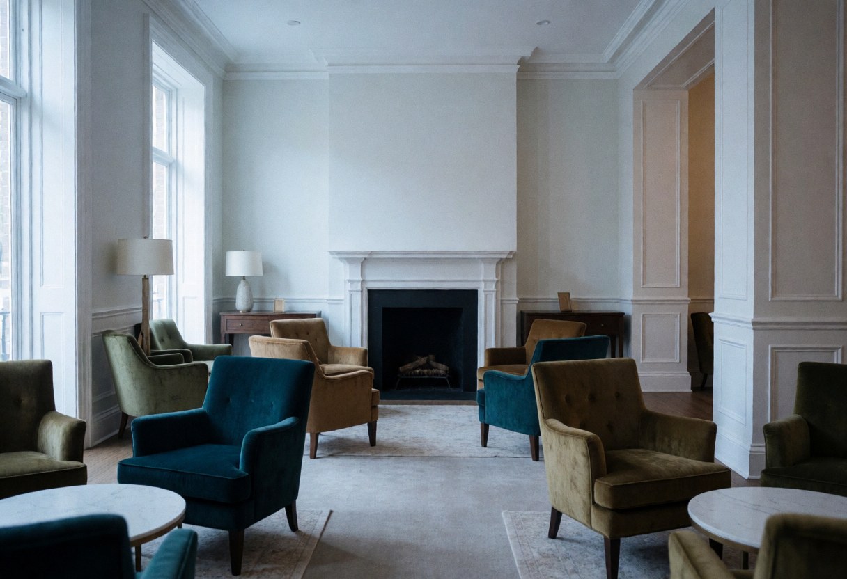 Lobby d'hôtel élégant et tranquille équipé de cheminée, de fauteuils confortables et de tables rondes dans un cadre chaleureux.