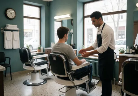 Un barbier portant une tablier travaille sur les cheveux d'un client assis dans un salon aux murs bleus avec des serviettes blanches.