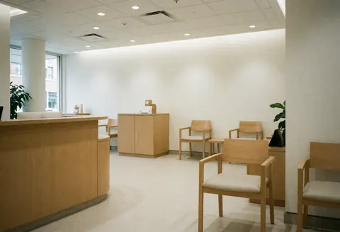Vue d'une réception moderne dotée d'un comptoir en bois clair et de plusieurs chaises d'attente disposées pour les clients dans un espace lumineux.