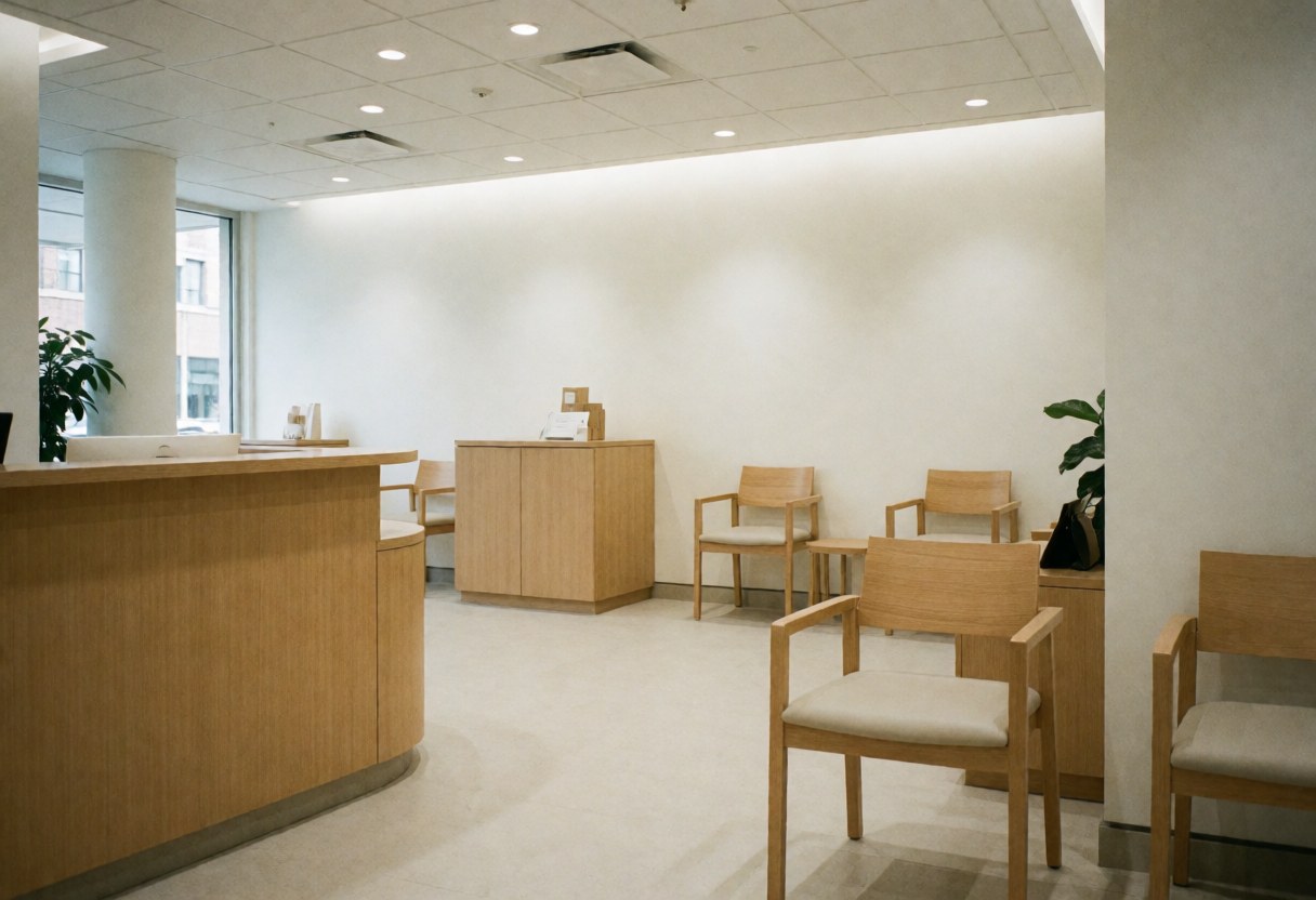 Vue d'une réception moderne dotée d'un comptoir en bois clair et de plusieurs chaises d'attente disposées pour les clients dans un espace lumineux.
