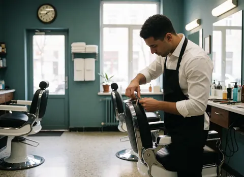 Un barbier en tablier noir ajuste ses ciseaux assis sur une chaise de barbier dans un salon aux murs verts et aux sièges vides.