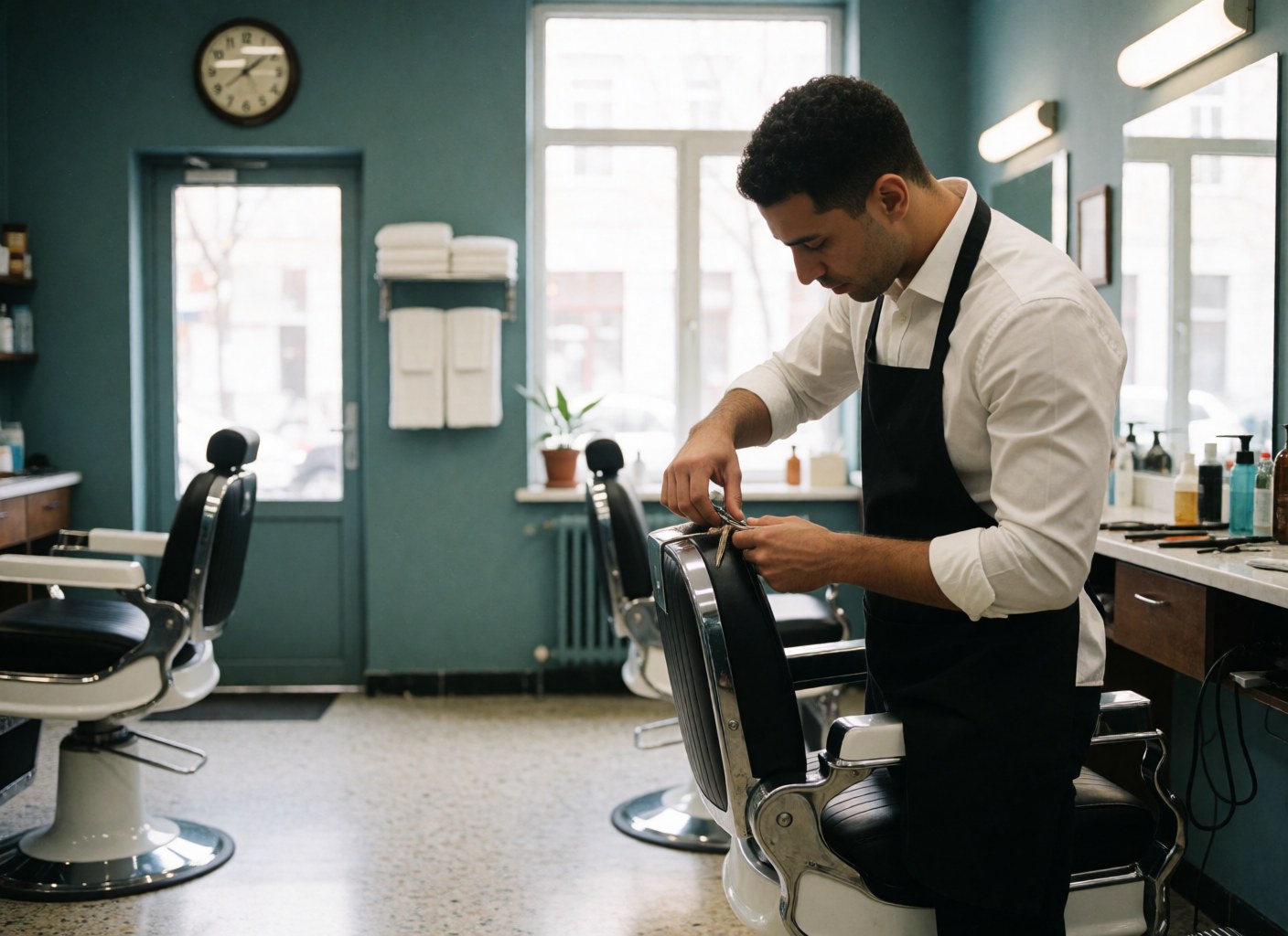 Un barbier en tablier noir ajuste ses ciseaux assis sur une chaise de barbier dans un salon aux murs verts et aux sièges vides.