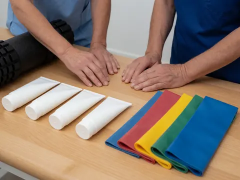 Mains de thérapeutes tenant des tubes et des bandes élastiques sur une table en bois.