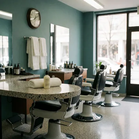 Intérieur d'un salon de coiffure moderne avec fauteuils, serviettes blanches et tables de travail contenant des articles.