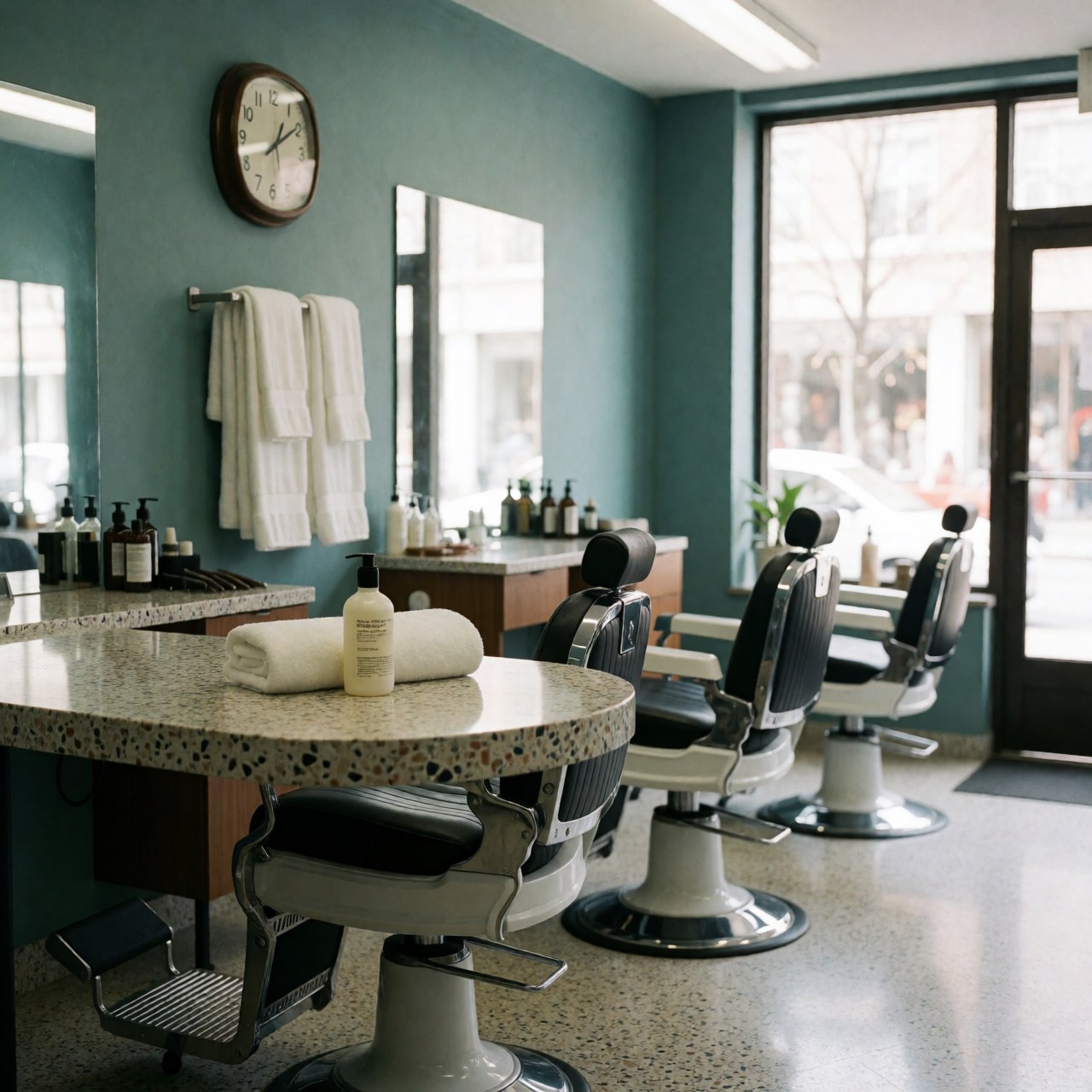 Intérieur d'un salon de coiffure moderne avec fauteuils, serviettes blanches et tables de travail contenant des articles.
