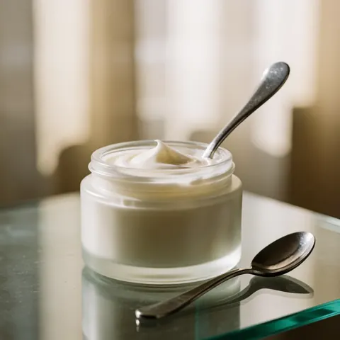 Un pot de crème blanche avec une cuillère métallique à l'intérieur, posé sur une table en verre.