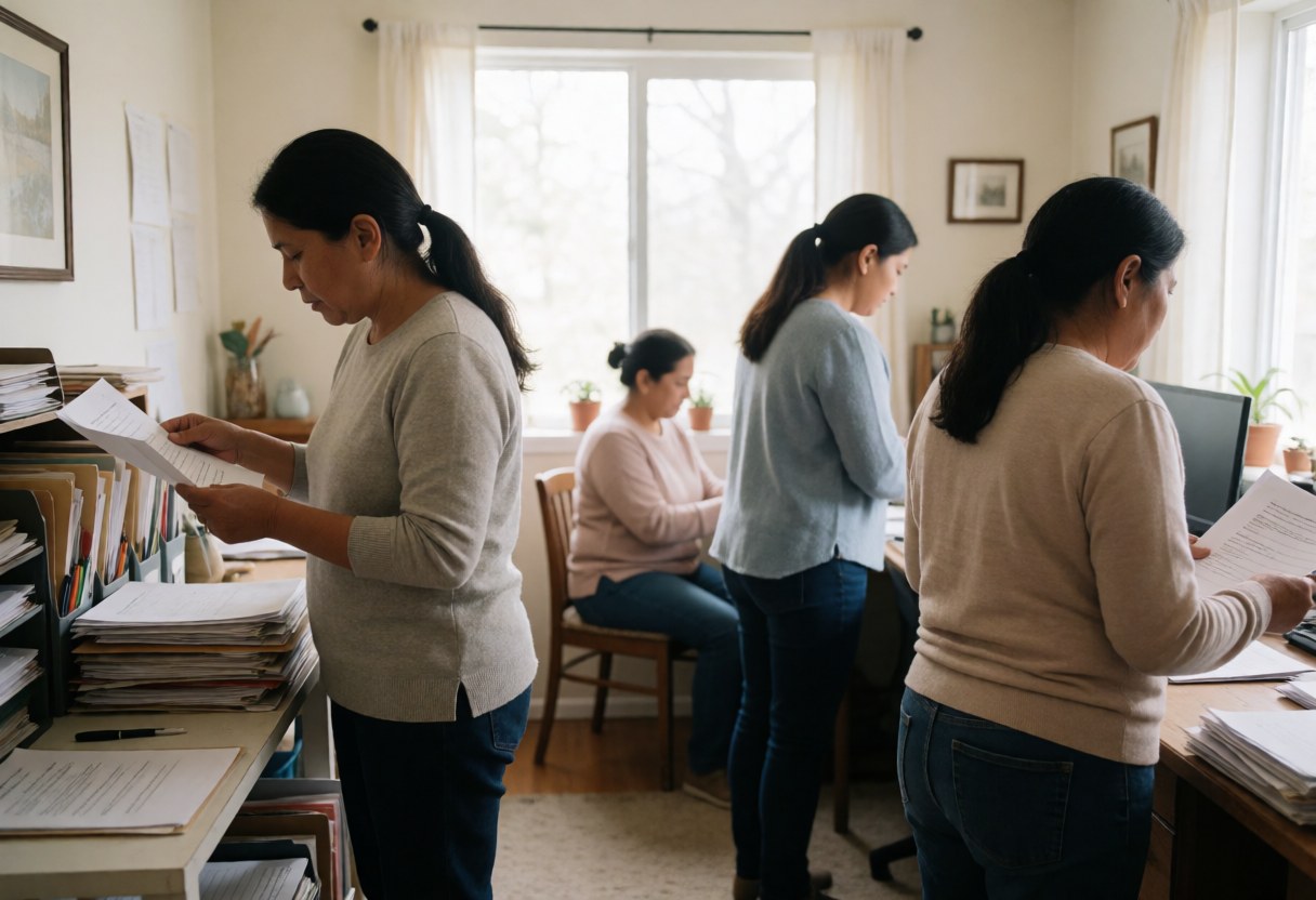 Quatre femmes travaillant dans un bureau avec des documents, des ordinateurs et des classeurs, éclairées par la lumière naturelle des fenêtres.