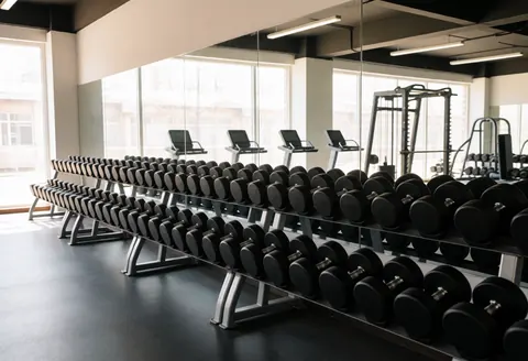 Intérieur d'un gymnase vide présentant des rangées d'équipements de musculation, des fenêtres et des miroirs, adapté pour promouvoir un espace commercial.