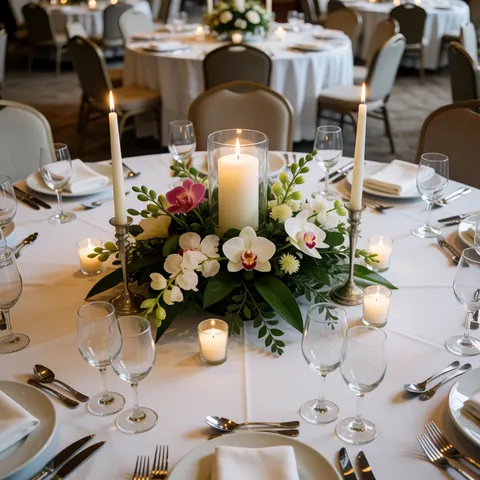 Centre de table élégant orné d'orchidées blanches, de bougies allumées et de verrerie sur une table de réception de mariage avec nappe blanche et chaises.