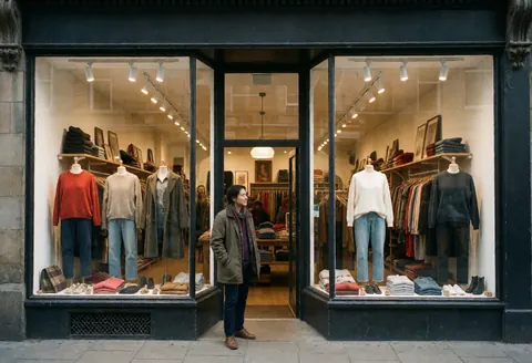 Vue extérieure d'un magasin de vêtements avec une vitrine éclairée, des vêtements suspendus et des mannequins visibles, entrée ouverte et ambiance urbaine chaleureuse.
