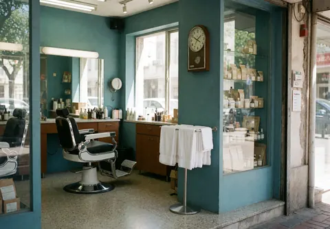 Vue extérieure d'un salon de barbier moderne présentant une façade accueillante, des murs peints en bleu, des chaises de coiffage et une fenêtre laissant entrer la lumière naturelle.