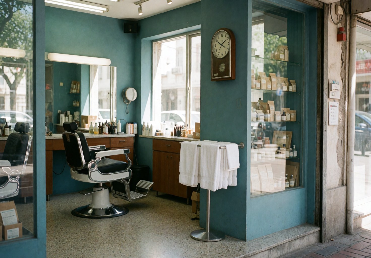 Vue extérieure d'un salon de barbier moderne présentant une façade accueillante, des murs peints en bleu, des chaises de coiffage et une fenêtre laissant entrer la lumière naturelle.