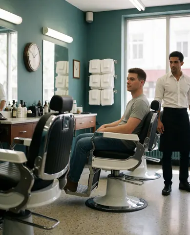 Un homme jeune assis sur une chaise de barbier se faisant couper les cheveux par un professionnel dans un salon aux murs verts et miroirs.