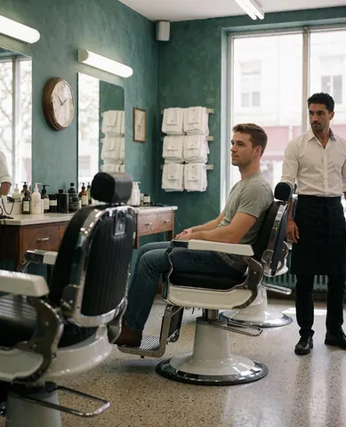Un homme jeune assis sur une chaise de barbier se faisant couper les cheveux par un professionnel dans un salon aux murs verts et miroirs.