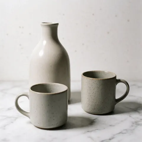 Trois tasses en céramique décorées de motifs posées sur une surface en marbre blanc.