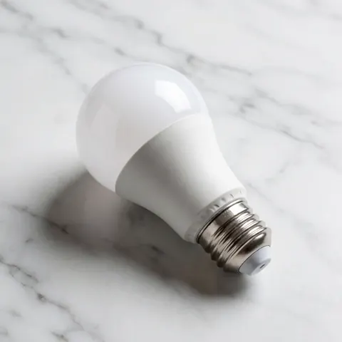 Une lampe LED blanche posée sur une surface en marbre blanc avec des veines grises.
