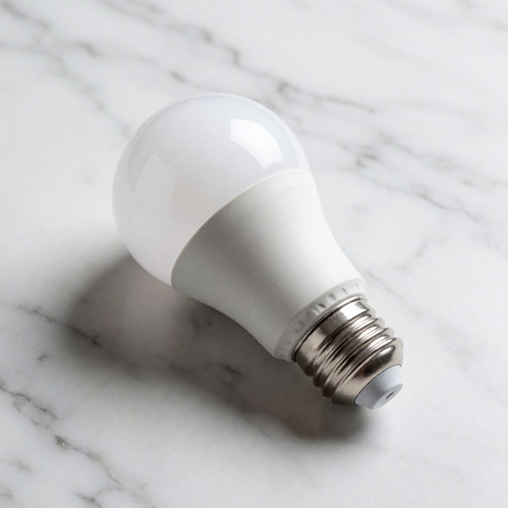Une lampe LED blanche posée sur une surface en marbre blanc avec des veines grises.