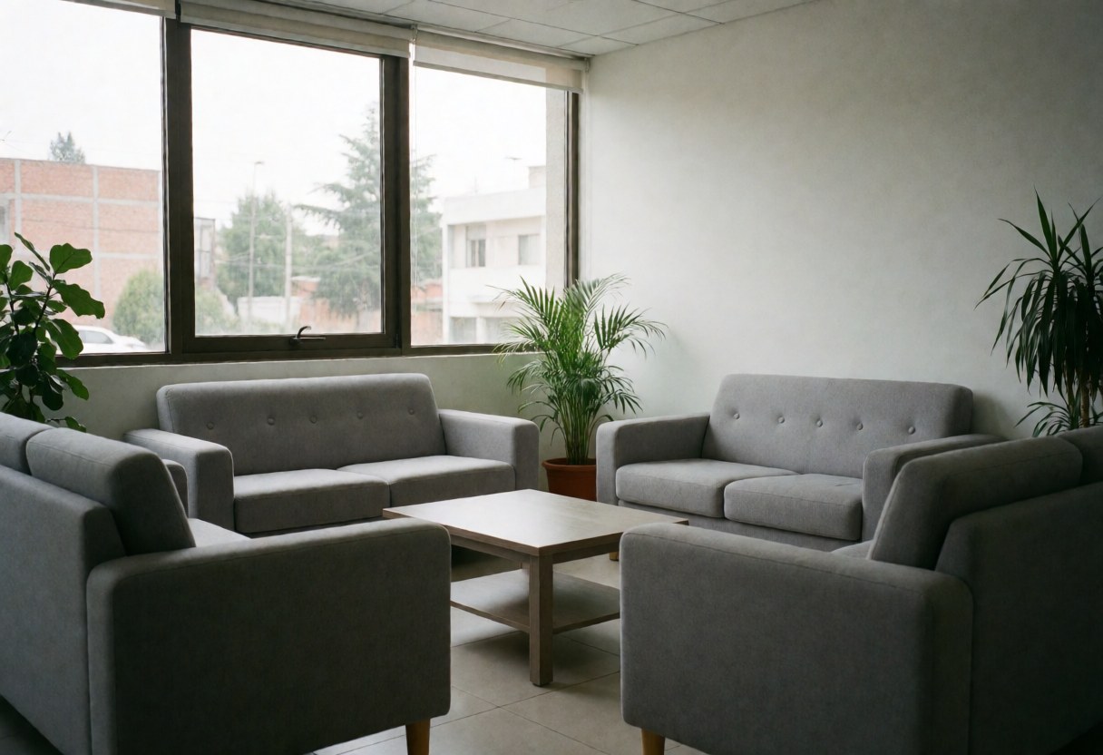 Intérieur d'une salle d'attente avec canapés gris, table basse, plantes vertes et grandes fenêtres laissant entrer la lumière naturelle.