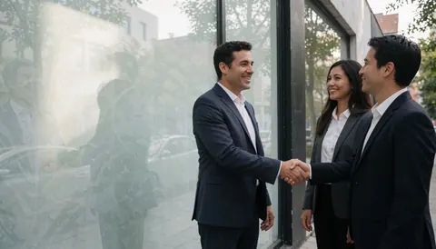 Trois professionnels souriants se serrent la main devant une fenêtre de bureau moderne avec vue sur l'extérieur.