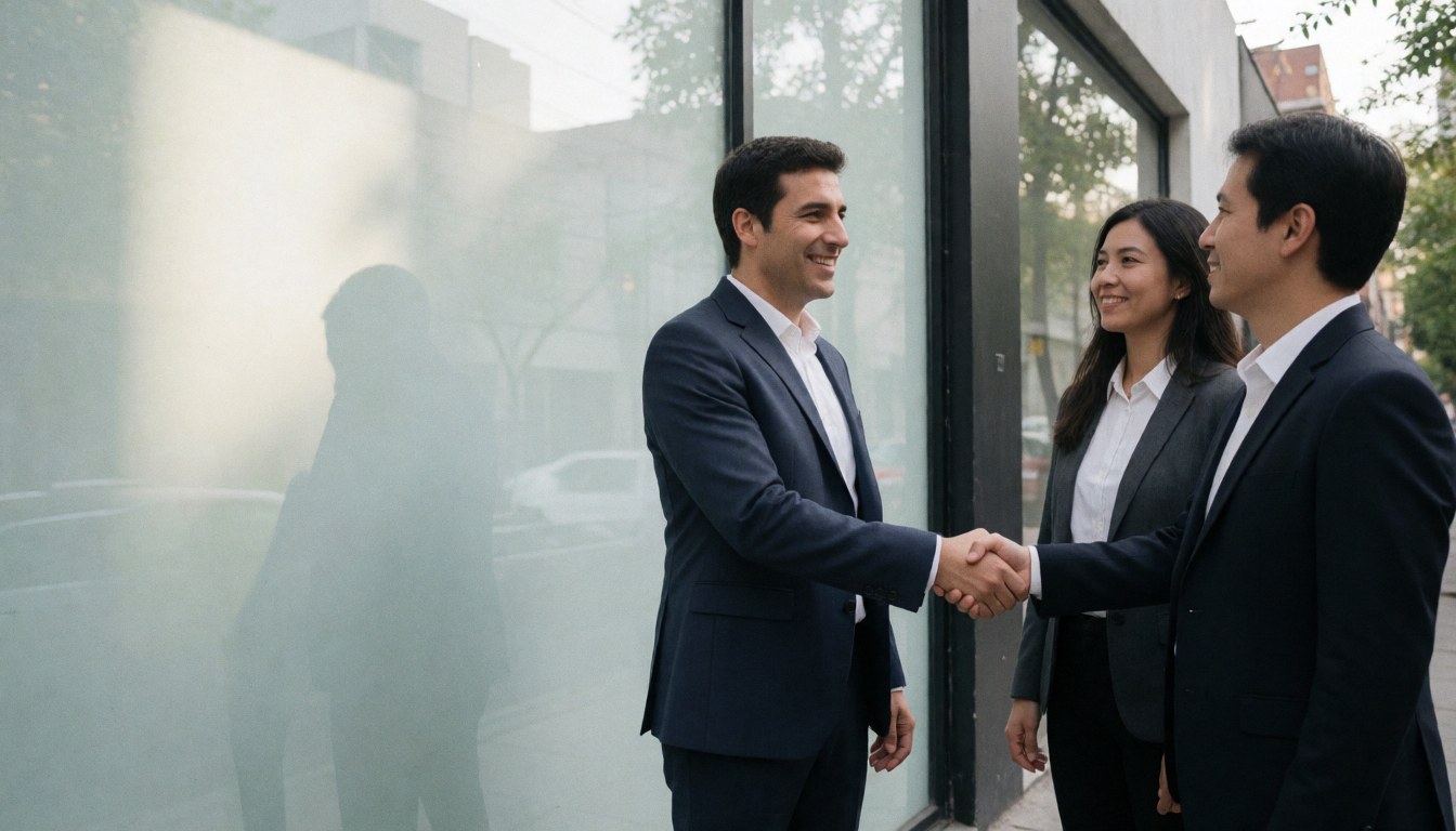 Trois professionnels souriants se serrent la main devant une fenêtre de bureau moderne avec vue sur l'extérieur.