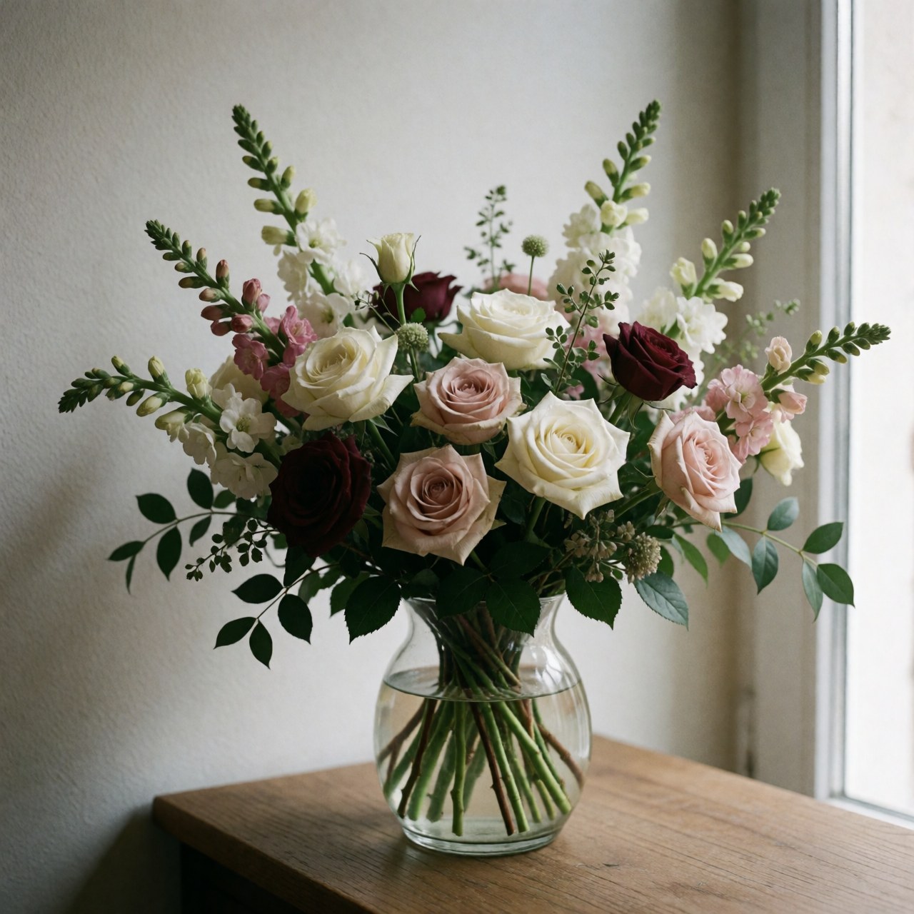 Un bouquet de roses et de fleurs des champs posé dans un vase transparent sur une table en bois.