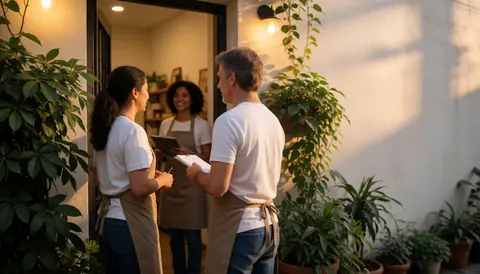 Trois personnes en tabliers sourient en accueillant des clients à l'entrée d'un commerce chaleureux et verdoyant.
