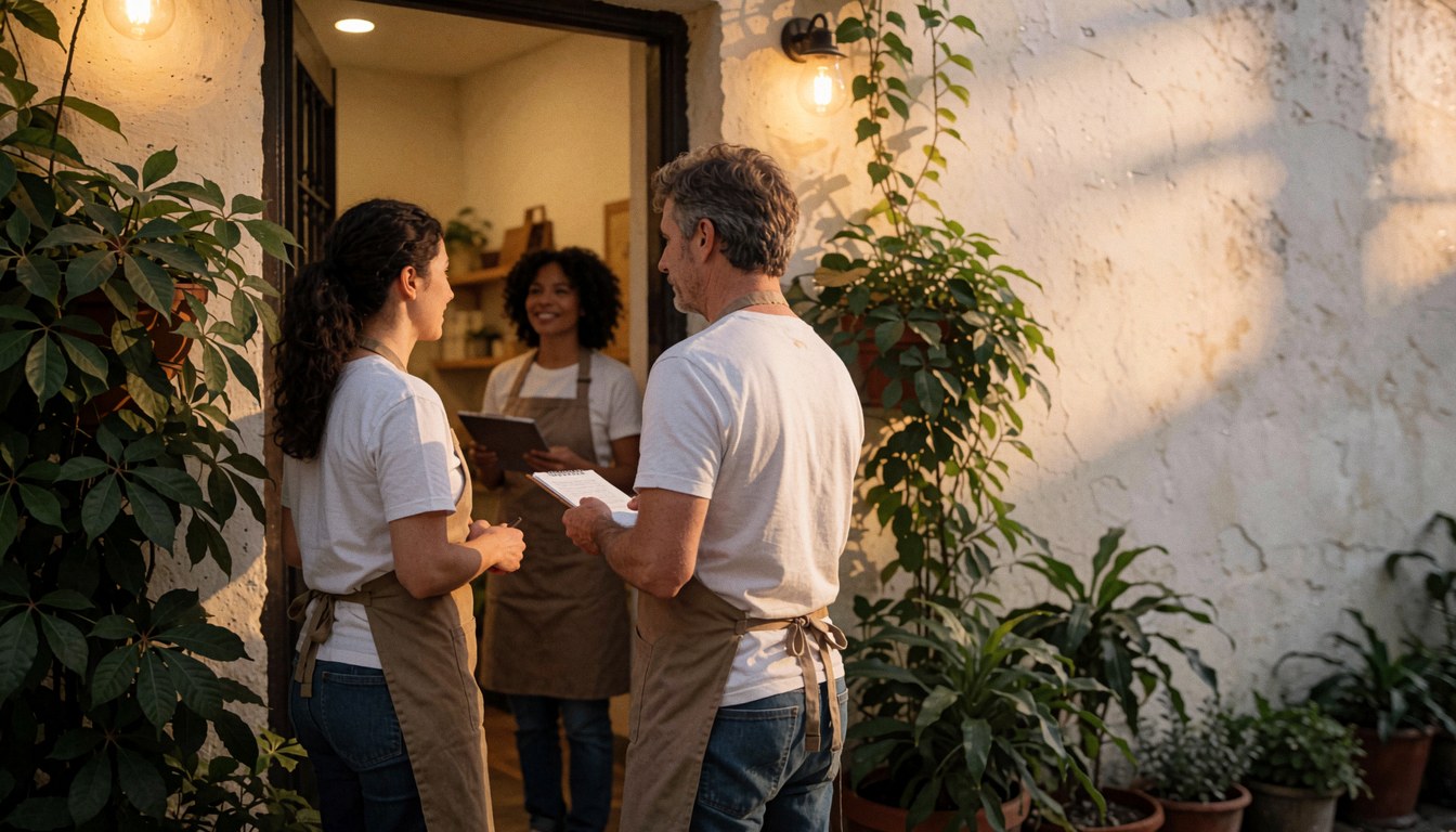 Trois personnes en tabliers sourient en accueillant des clients à l'entrée d'un commerce chaleureux et verdoyant.