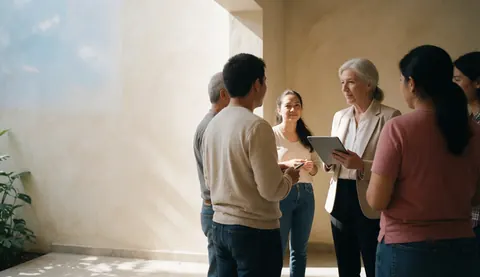 Une responsable des ressources humaines tenant une tablette discute avec plusieurs employés dans un hall d'accueil moderne et lumineux.