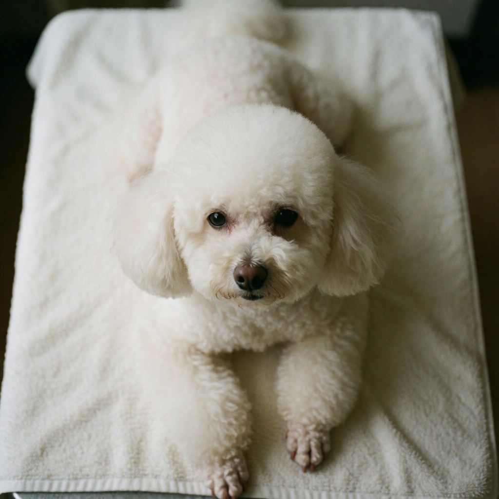 Un petit chien aux poils coupés récemment est allongé sur une serviette blanche, regardant vers le haut avec ses yeux et son nez visibles.