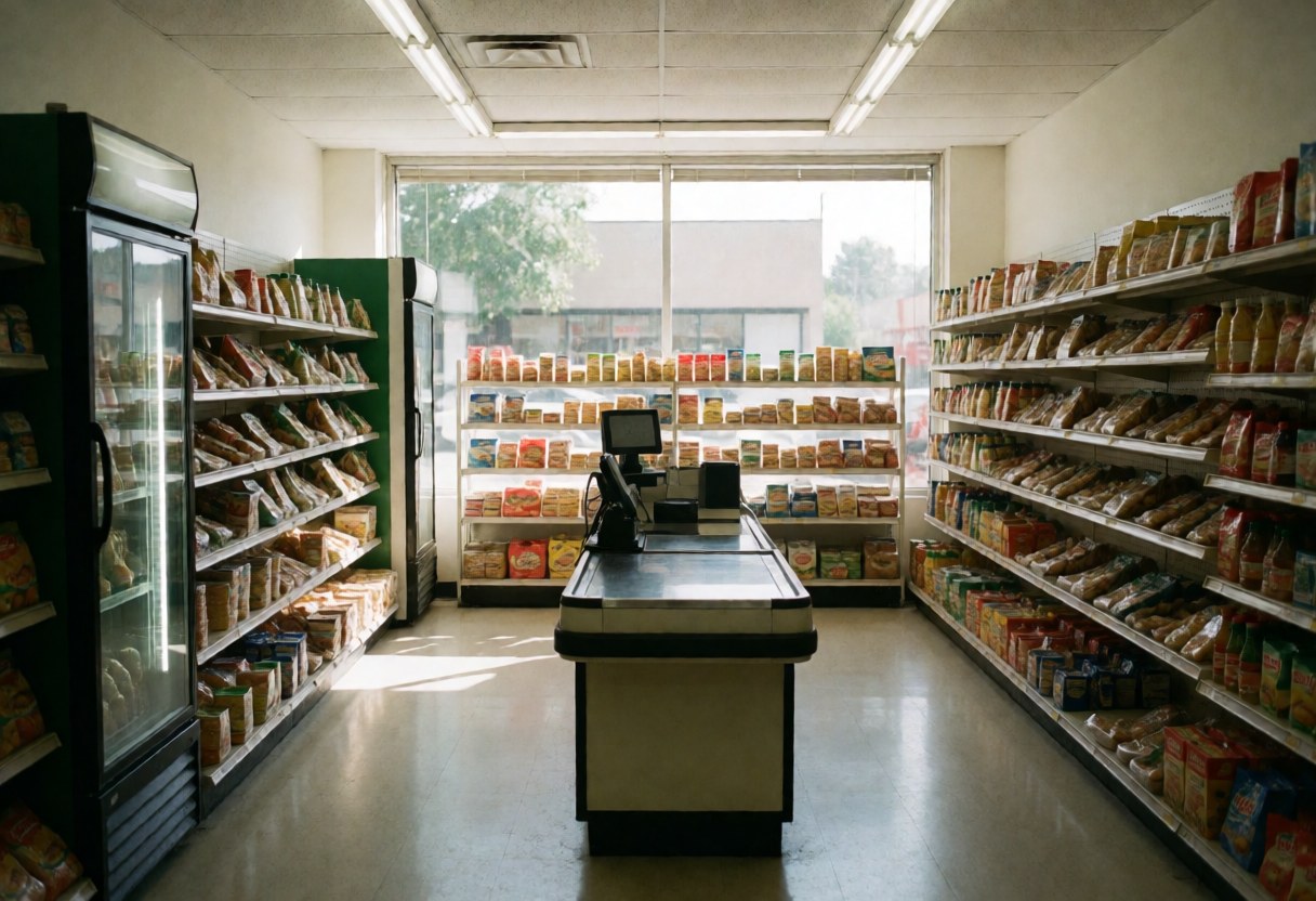 Vue intérieure d'un minimarket vide montrant des étagères remplies de produits, une caisse enregistreuse et la lumière du soleil entrant par les fenêtres dans un espace propre et ordonné.